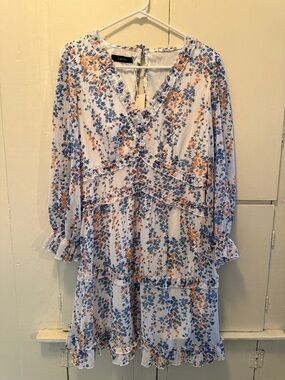 Amazon White Midi Dress with Blue and Orange Floral Print